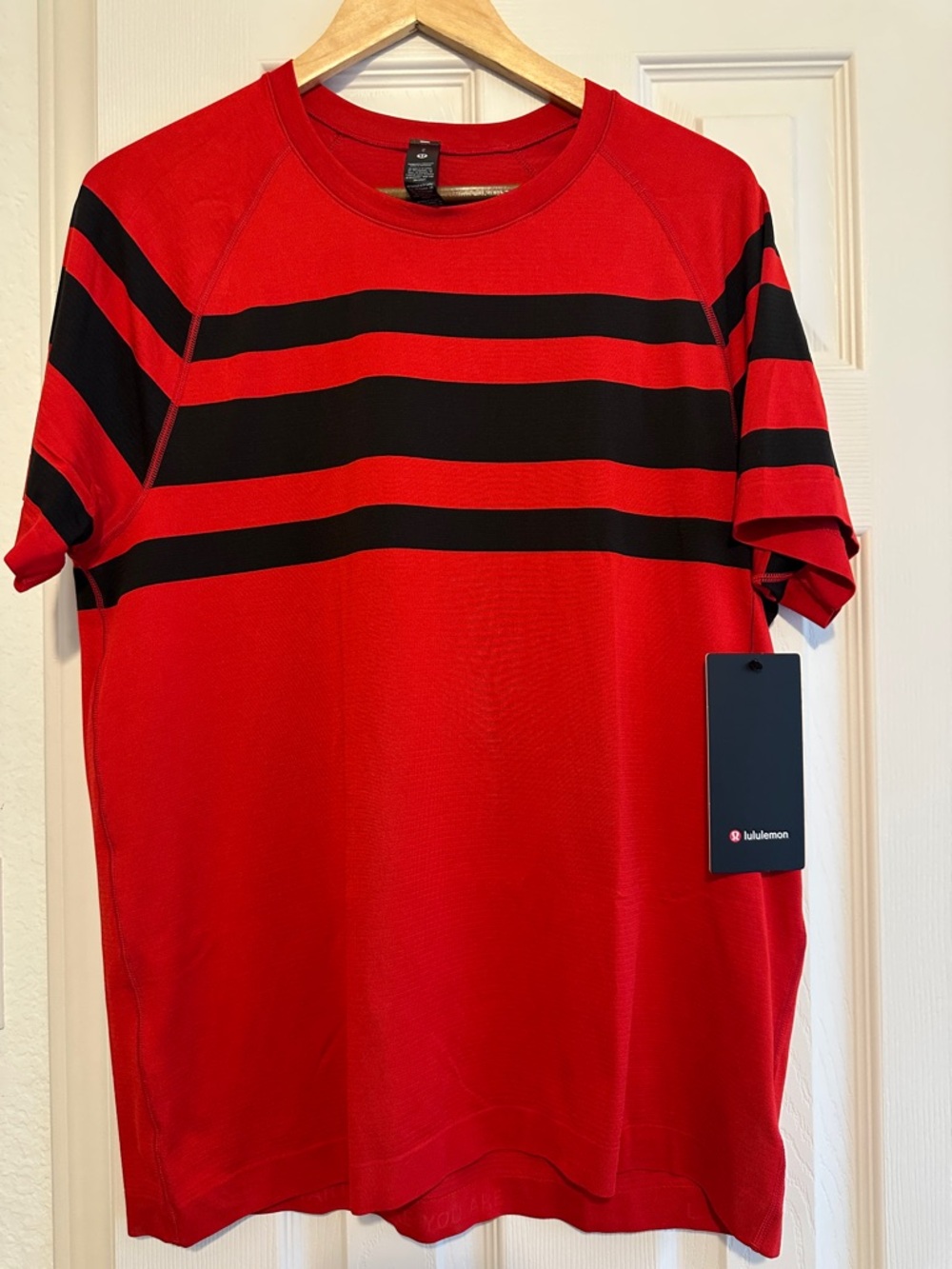 lululemon athletica Red and Black Striped Short Sleeve Tee